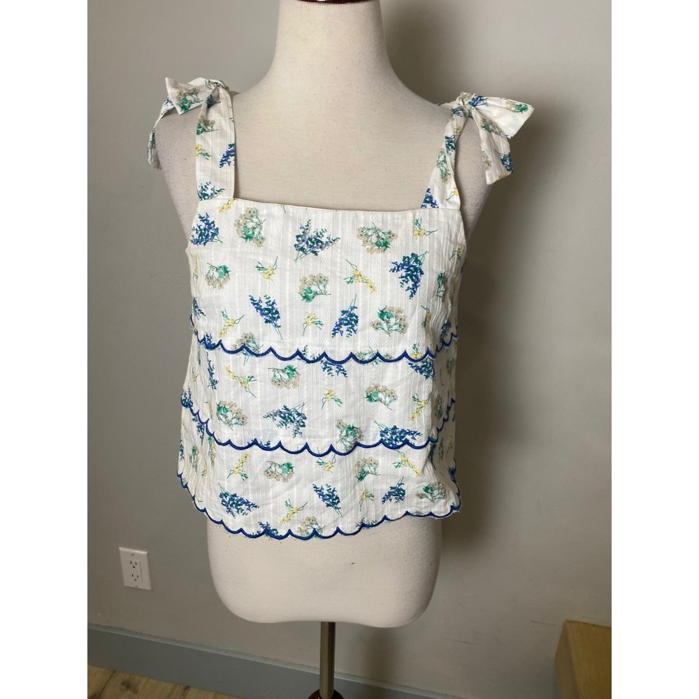 Copper Key Floral Tie Shoulder Scalloped Crop Top White Blue Small cottagecore